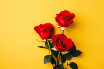 Red beautiful roses on yellow background