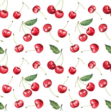 Watercolor cherry seamless pattern hand drawn illustration