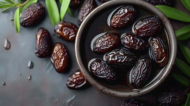 Bowl with tasty dates and green leaves on the table, closeup