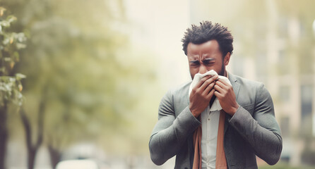 African American man suffering from a seasonal exacerbation of allergies to pollen blows his nose into a handkerchief on the street in the spring - Powered by Adobe