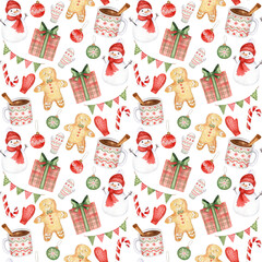 Watercolor Christmas pattern with hand drawn elements