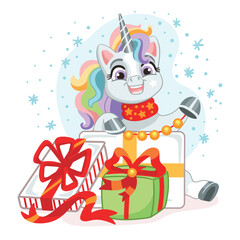 Cute cartoon baby unicorn with a gifts