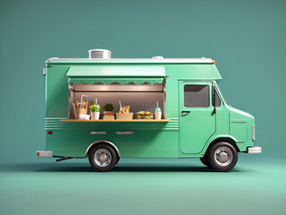 Food truck isolated on green background design, takeaway food and drinks van mock-up, 3d style design.