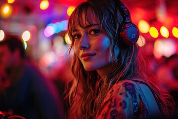 Naklejka premium Portrait of a young streamer girl wearing headphones in neon light
