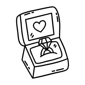 recommend clip art: Diamond ring in open box. Gift for beloved on Valentines Day. Confession of feelings, proposal to get married. Black and white vector isolated illustration hand drawn doodle clip art
