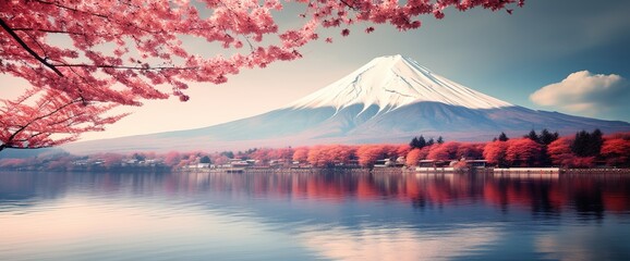 Mount Fuji with cherry blossoms and red maple trees by the lake
