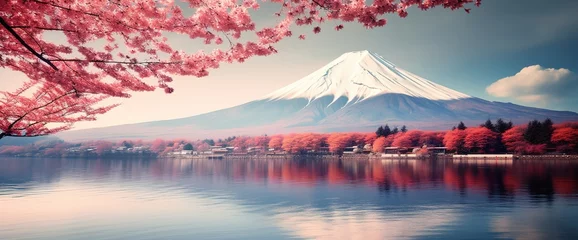 Fotobehang Mount Fuji with cherry blossoms and red maple trees by the lake © duyina1990