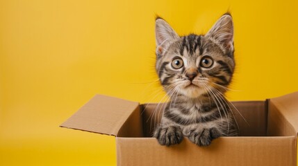 domestic gray tabby kitten sits in an open cardboard box on a yellow background surprise     