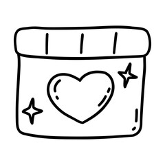 Gift box with heart and stars. Black and white vector isolated illustration doodle hand drawn. Happy Valentines Day. February card or poster, valentine, love element, clip art contour