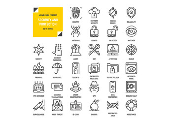 Vector set of security and protection flat line web icons. Each icon with adjustable strokes neatly designed on pixel perfect 48X48 size grid. Fully editable and easy to use.