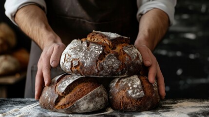 Fresh rye bread in the hands of a baker, close up, realistic image on the dark background     
