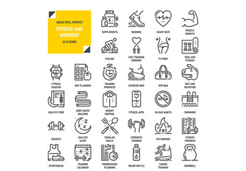 Vector set of fitness and workout flat line web icons. Each icon with adjustable strokes neatly designed on pixel perfect 48X48 size grid. Fully editable and easy to use.