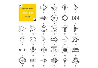 Vector set of arrows flat line web icons. Each icon with adjustable strokes neatly designed on pixel perfect 48X48 size grid. Fully editable and easy to use.