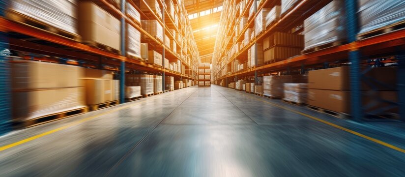 Logistics firms with warehouses containing stacked high shelves, with boxes, capturing motion blur, under bright sunlight.