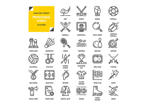 Vector set of professional sports flat line web icons. Each icon with adjustable strokes neatly designed on pixel perfect 48X48 size grid. Fully editable and easy to use.