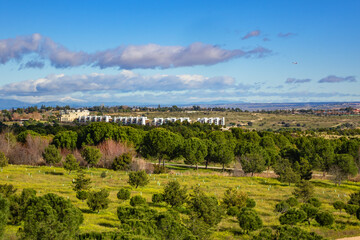 Landscape of Public Felipe VI Park or Valdebebas Forest Park - Madrid’s biggest urban park (340 hectares). Madrid, Spain.