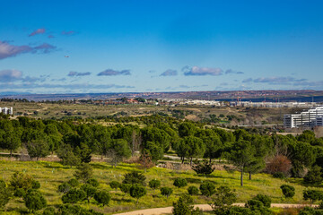 Fototapeta premium Landscape of Public Felipe VI Park or Valdebebas Forest Park - Madrid’s biggest urban park (340 hectares). Madrid, Spain.