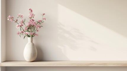 Home mockup, flower in vase on shelf, blank wall mockup, 3d render    