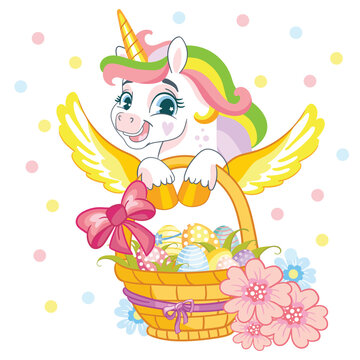 Funny cartoon Easter unicorn vector illustration