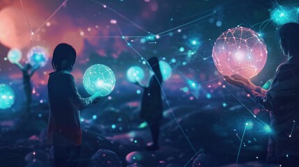 Fototapeta na wymiar Men and women holding glowing spheres communicate globally 