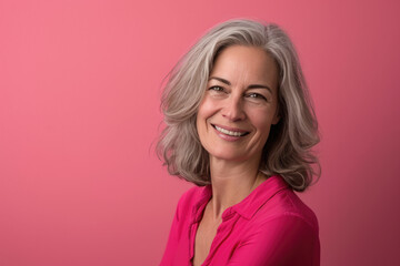 A woman with gray hair is smiling in front of a pink background