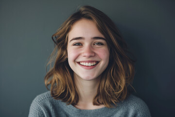 A woman with brown hair is smiling and wearing a grey sweater