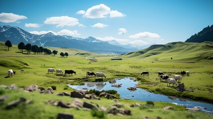 Cows grazing in a lush green pasture with snow-capped mountains in the distance