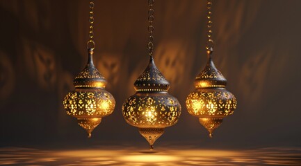 three hanging arabic lamps in front of a blank background