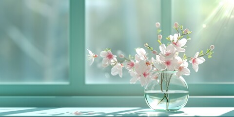 a clear container containing pink and white blossoms on a table in front of a bright window