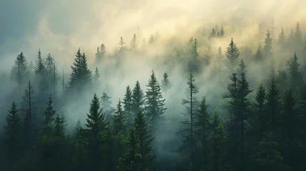 Photo sur Plexiglas Forêt dans le brouillard Dense Forest Blanketed in Enveloping Fog, a