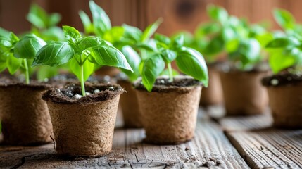 On a wooden table are basil seedlings in biodegradable containers. Peat pots with green vegetation. tiny containers with baby plants planting. agriculture seedling trays.    