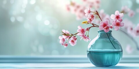 a blue vase with cherry blossoms sits on top of a table
