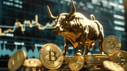 Bull Market in Cryptocurrency: A golden bull statue stands amid scattered Bitcoin and Ethereum coins - obrazy, fototapety, plakaty