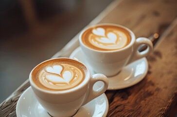a photo of two latte cups shown in a coffee shop,