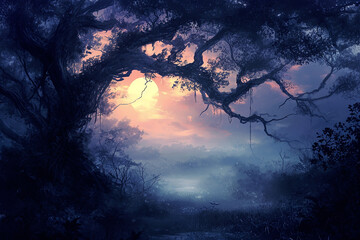 Fototapeta premium mystical twilight scene in a dense forest. The silhouette of gnarled trees frames sunset, with hues of purple and orange blending into the darkening sky. moon in the background, enchantment, nature
