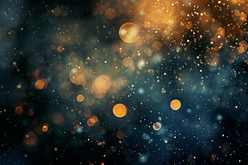 background with space, abstract background with blurred bokeh effect, numerous out-of-focus light particles ranging from golden to amber in color, scattered across a deep blue, almost black, backdrop - obrazy, fototapety, plakaty