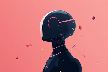 profile of a humanoid with a cosmic-themed head, advance AI, robotic entity. Set against a coral pink background with geometric shapes floating around, the figure exudes a modern, minimalist vibe