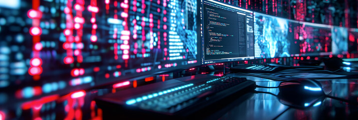 Obraz premium high-tech cybersecurity concept with dynamic array of glowing red binary code on screens, suggesting advanced data encryption, network security, or programming interface, cyber protection, hacking