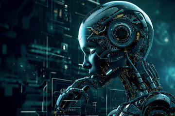 Future of AI robot background, robot with open mechanism looks thoughtfully at screens