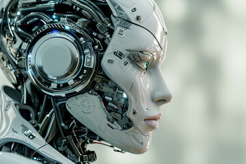 Fototapeta premium side profile of an advanced humanoid robot with a partially exposed head, human-like features with futuristic technology, artificial intelligence, the future of robotics, or technological innovation