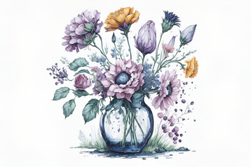 Beautiful spring flowers watercolor floral arrangement teapot bouquet generative ai