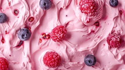 tasty fruit yoghurt ice cream, close up texture, top view    