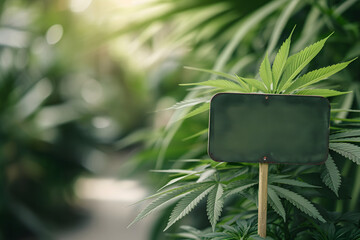 Cannabis-Industriewandel: Leeres Schild vor einem Hintergrund aus Cannabis-Pflanzen symbolisiert gesetzliche Veränderungen und neue Perspektiven.