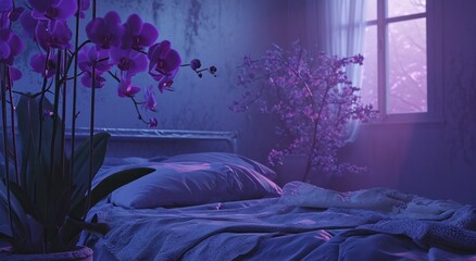 bedroom with purple orchids in autumn landscape,, dreamy and romantic compositions