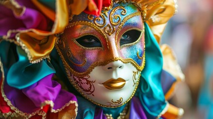 Venetian female mask in vibrant colors. Festival and entertainment concept     