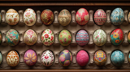 A visually captivating Easter egg display featuring meticulously arranged eggs in a variety of patterns and designs, showcasing the artistry and craftsmanship associated with Easte