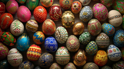 Fototapeta na wymiar A visually captivating Easter egg display featuring meticulously arranged eggs in a variety of patterns and designs, showcasing the artistry and craftsmanship associated with Easte