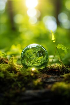 A small green globe in a forest with plants and mosses. Glass globe representing Earth in sunlight. Earth day and environment visual concept.