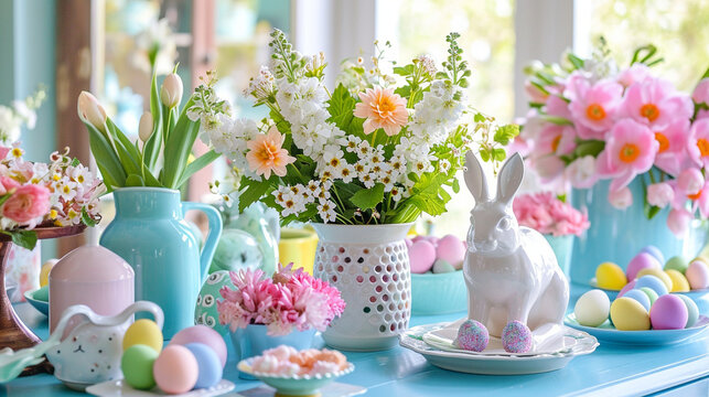 A festive Easter brunch table adorned with vibrant spring flowers, pastel-colored eggs, and delightful bunny-shaped treats, creating a visually elaborate and joyous setting for a H