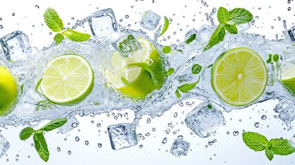 Water splash on white background with lime slices, mint leaves, and ice cubes as a concept for summertime libations     